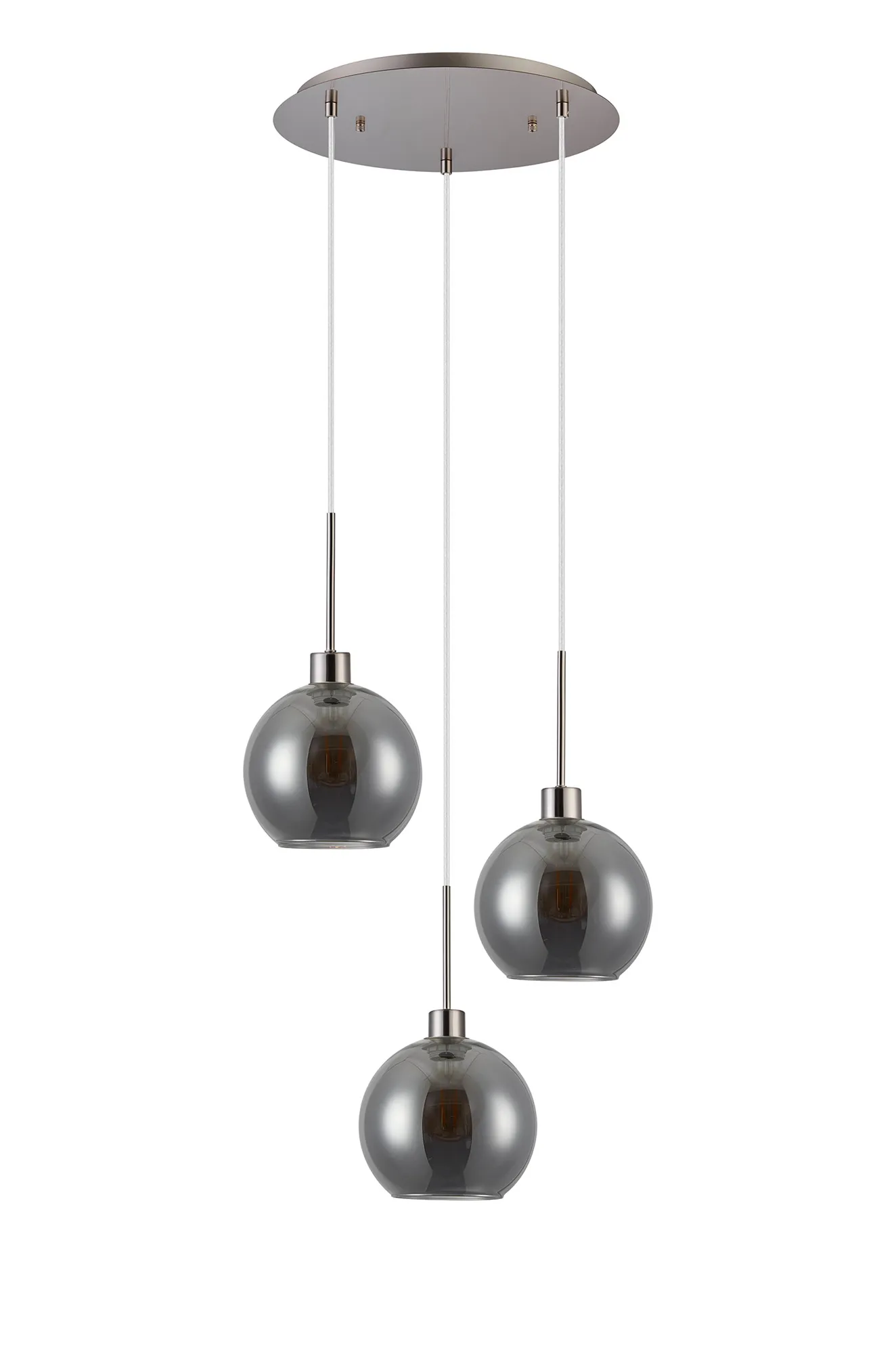 Lori 40cm Round Pendant, 3 Light Adjustable E27, Satin Nickel/Smoke Open Mouth Round Globe Shades DK1367  Deco Lori Satin Nickel